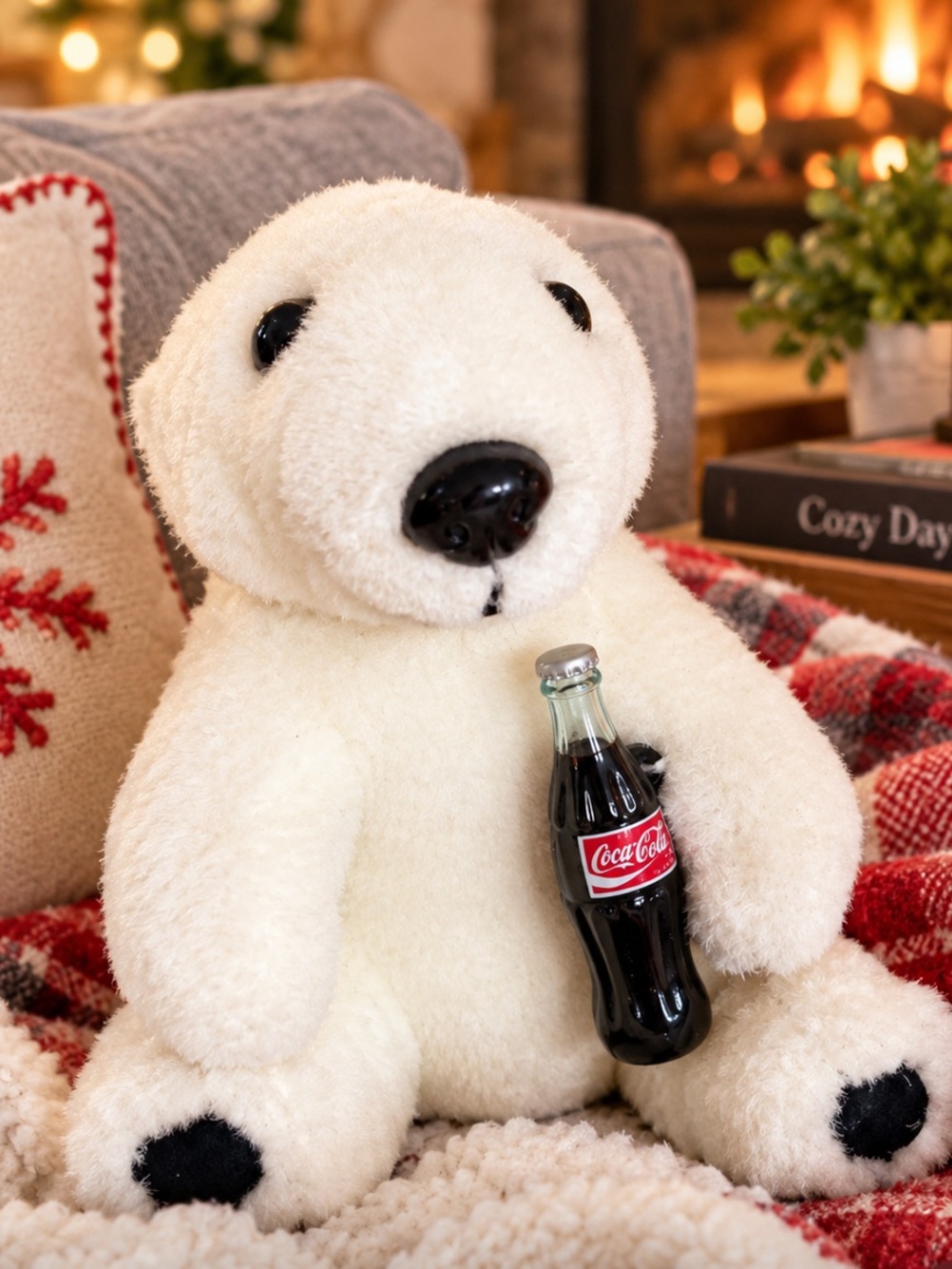 Coca-Cola White Polar Bear Plush with Mini Coke Bottle